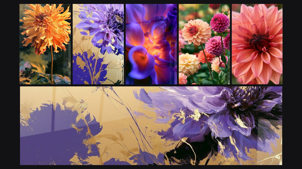 Mosaïque de six tableaux, dont Dahlia violet aux pétales dorés et Dahlia violet aux reflets dorés