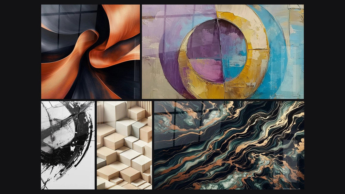 Mosaïque de cinq tableaux, dont Élan Sculptural Cuivré, La Brisure du Temps et Minimalisme Sculpté