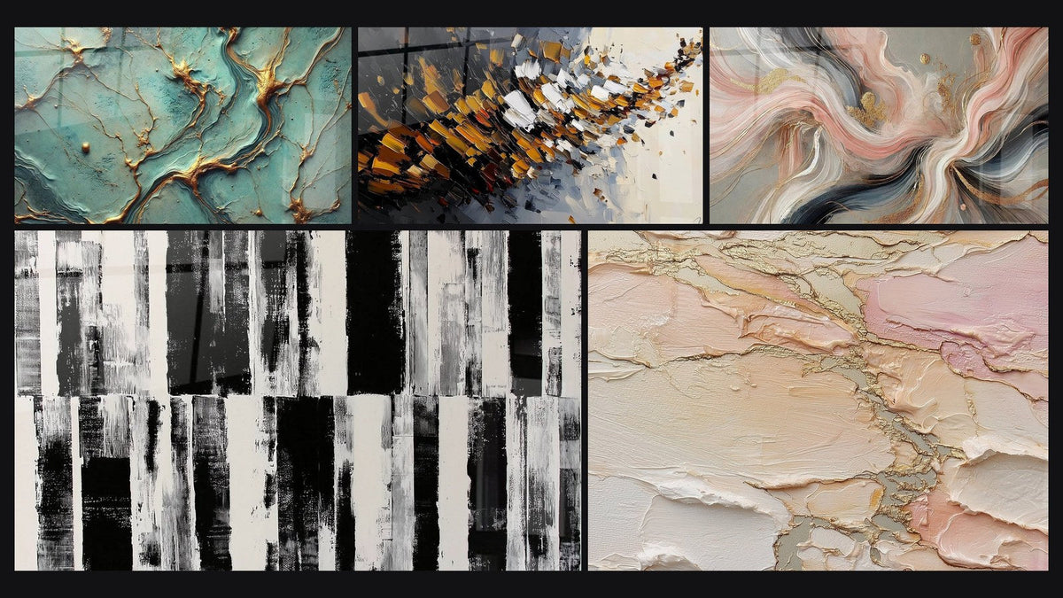 Mosaic of five paintings, including Golden Rivers, Dynamic explosion and Silk Flows