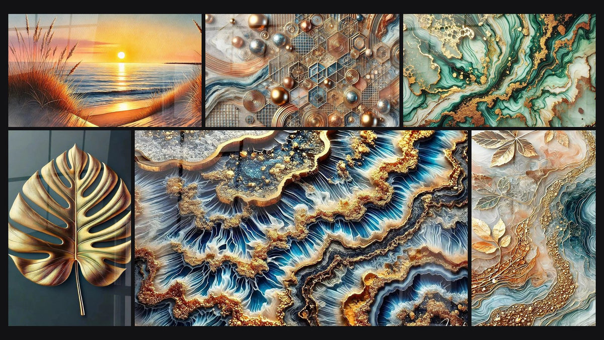 Mosaico de seis cuadros, entre ellos Cuando el Día Duerme, Hoja Dorada y Mosaico de Cobre