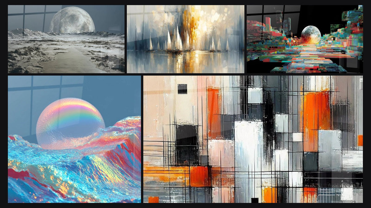Mosaico di cinque quadri, tra cui Paesaggio Lunare Futurista, Luna Iridescente Vagues e Alba sulla Baia