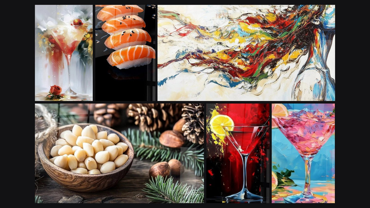 Mosaik aus sechs Gemälden, darunter Glas Martini rot und golden mit Blumen, Sushi-Wandbild Nr. 1 und Tafel Muse Modern
