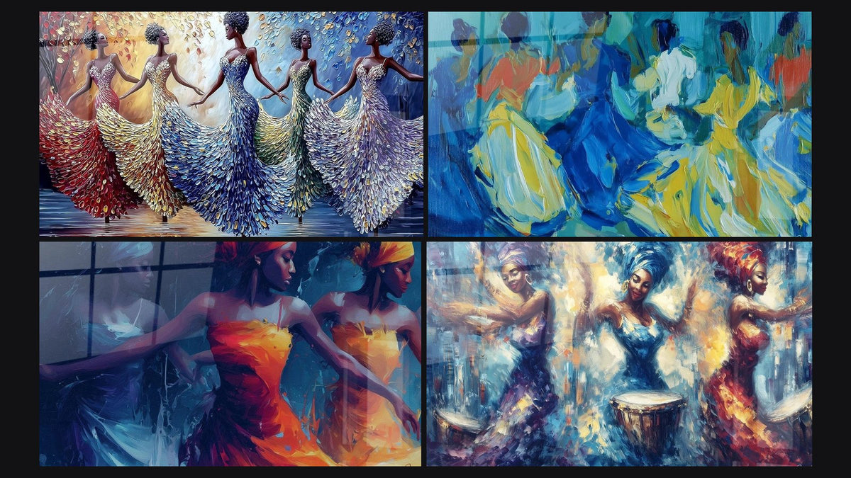 Mosaïque de quatre tableaux, dont Danseuses Chorégraphie Collective et Danseuses Festivités Villages