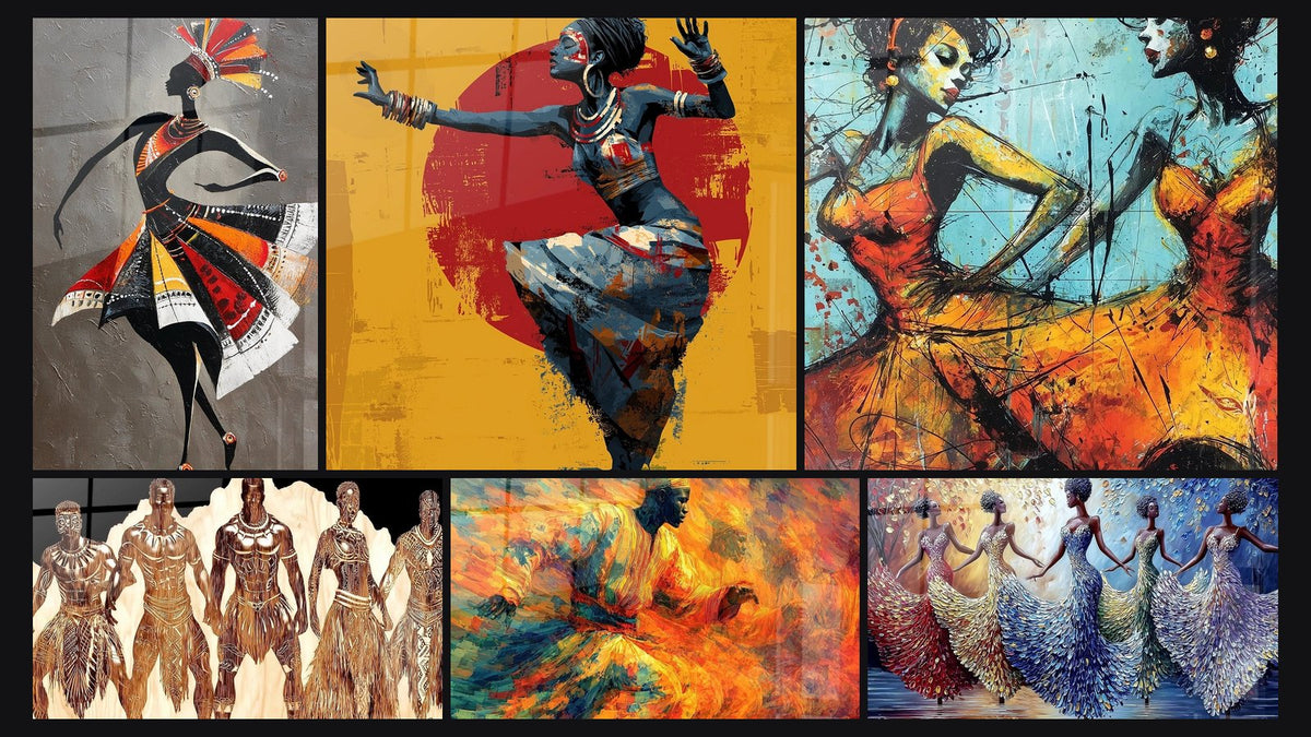 Mosaico di sei quadri, tra cui Danza Femmina Africana Moderna, Danza Africaine e Dei danzatori Ritmo Tribale