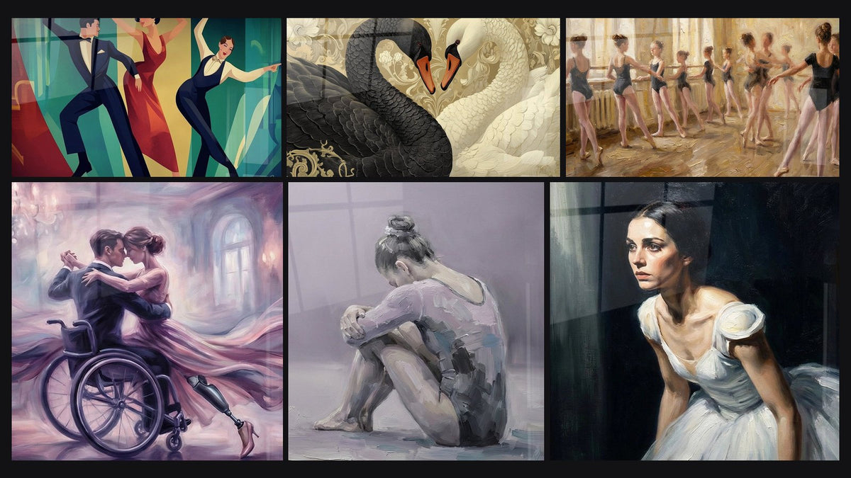Mosaïque de six tableaux, dont Danse en Fauteuil Roulant, Danseuse Assise et Ballerine Classique