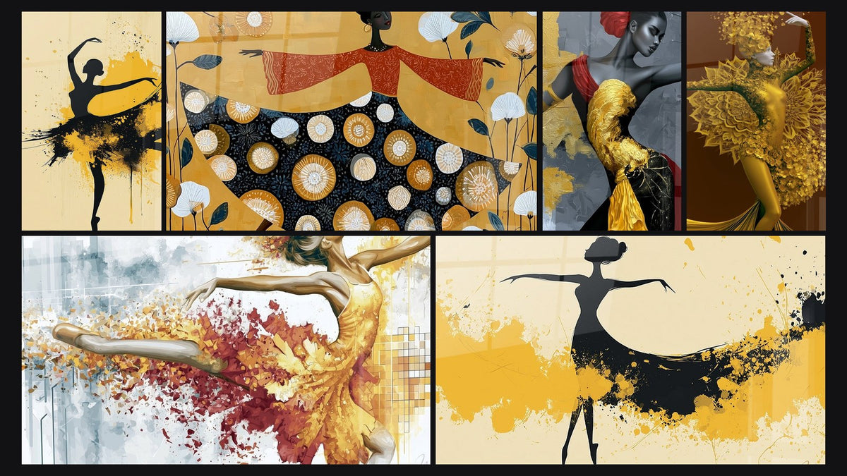 Mosaïque de six tableaux, dont Danseuse robe dorée et rouge éclaboussée et Danseuse noire et dorée à la robe froissée