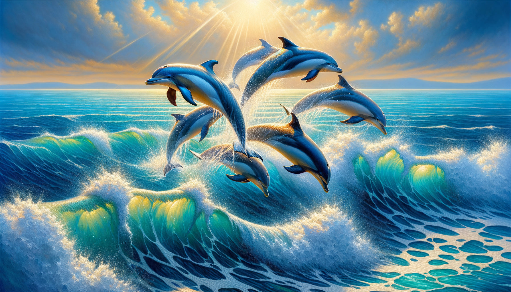 Tableau de dauphins bondissant dans des eaux turquoise lumineuses, symbolisant joie et liberté aquatique, style maritime classique