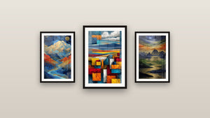 Pared de galería con tres cuadros enmarcados, entre ellos Abstracto geométrico y Paisaje Montañoso Abstracto
