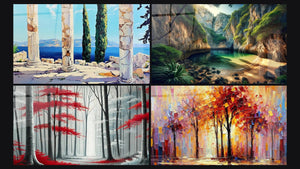 Mosaic of four paintings, including Coastal Ruins, Hidden Oasis Landscape and Natural Alignment