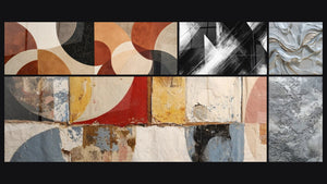 Mosaic of five paintings, including Convergence Points and Abstract swirls white pearlescent and gold