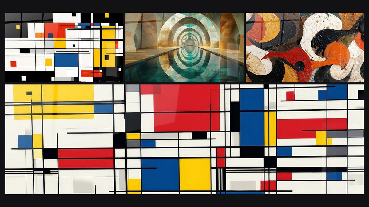 Mozaika czterech obrazów, w tym Kompozycja geometryczna kolorowa, Łuku Cichego Teal i Kompozycja geometryczna