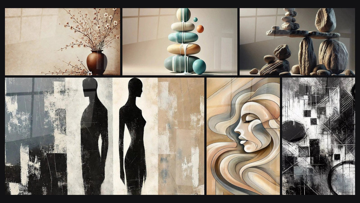 Mosaïque de six tableaux, dont Harmonie Naturelle, Équilibre Contrasté et Équilibre Pastel
