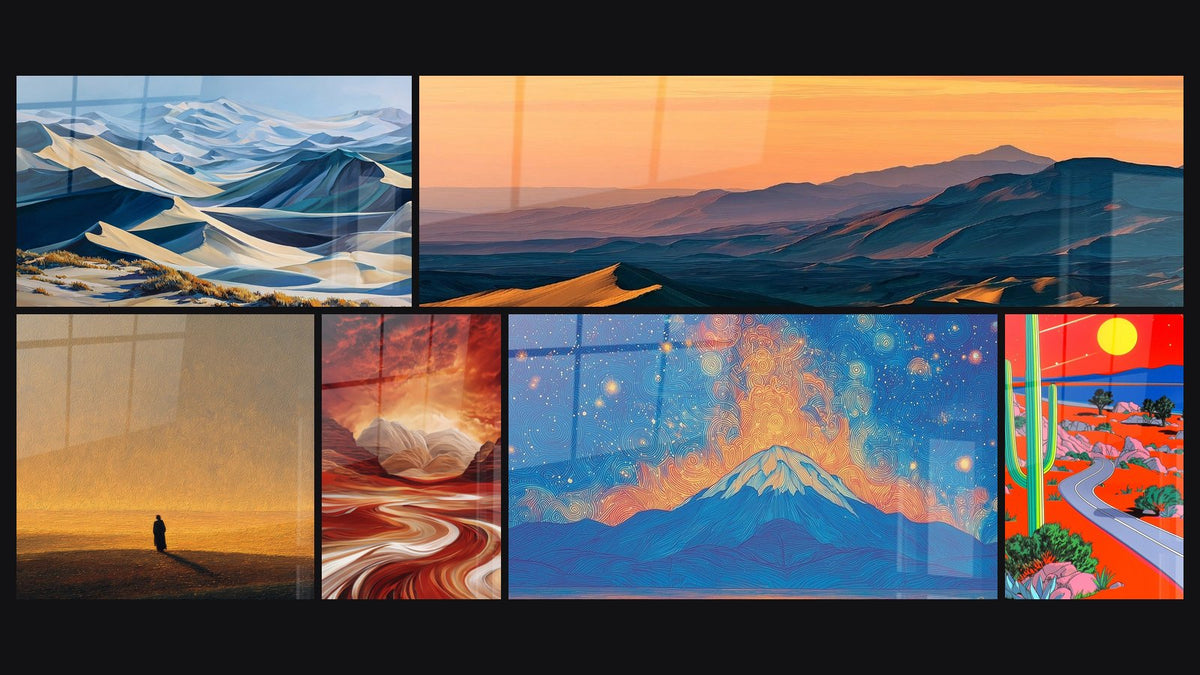 Mosaico di sei quadri, tra cui Paesaggio montano desertico, Montagna desertica tramonto e Silhouette solitaire nel deserto