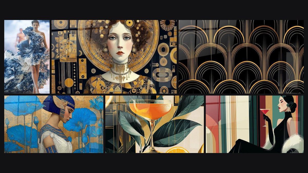 Mosaïque de six tableaux, dont Femme Art Déco, Motifs Géométriques et Femme Egyptienne
