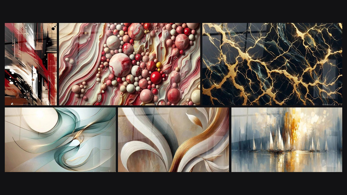 Mosaico de seis cuadros, entre ellos Desorden Estructurado, Vals de Curvas Luminosas y Aliento de Oro