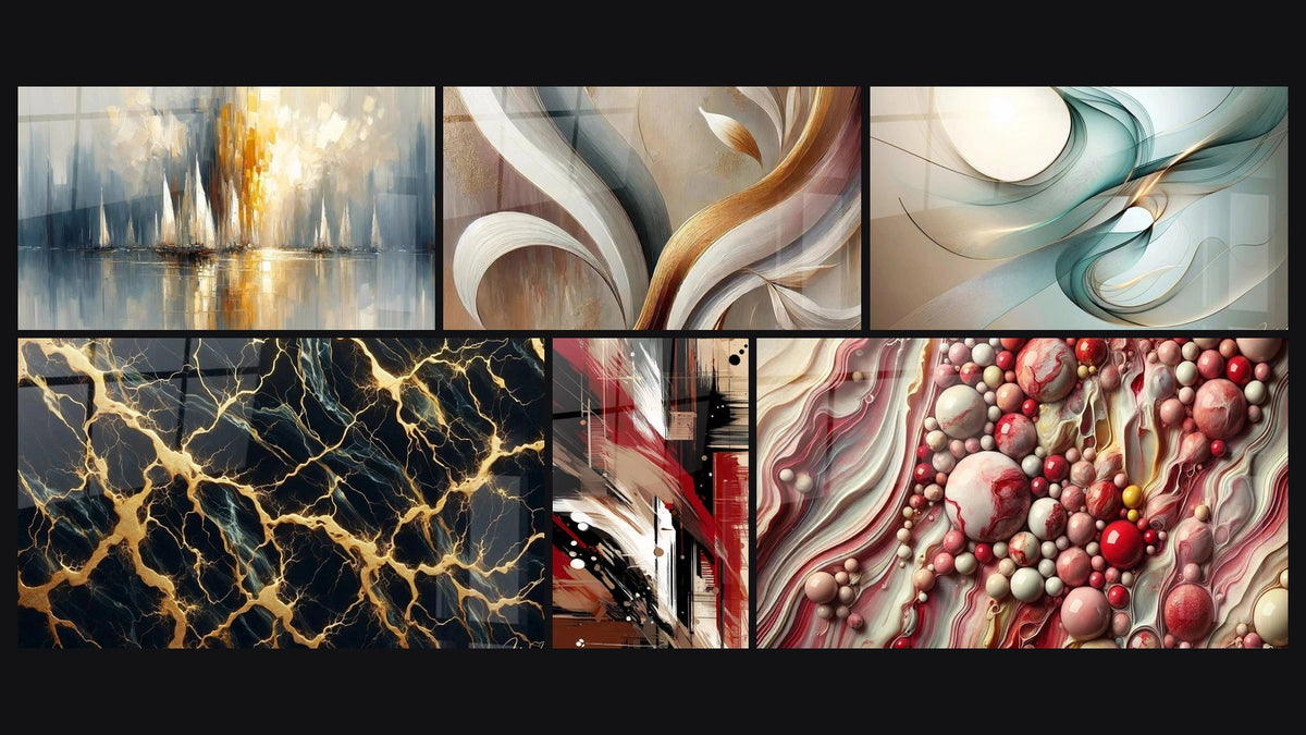 Mosaik aus sechs Gemälden, darunter Morgenrot über der Bucht, Kostbare Schaltkreise und Goldener Hauch