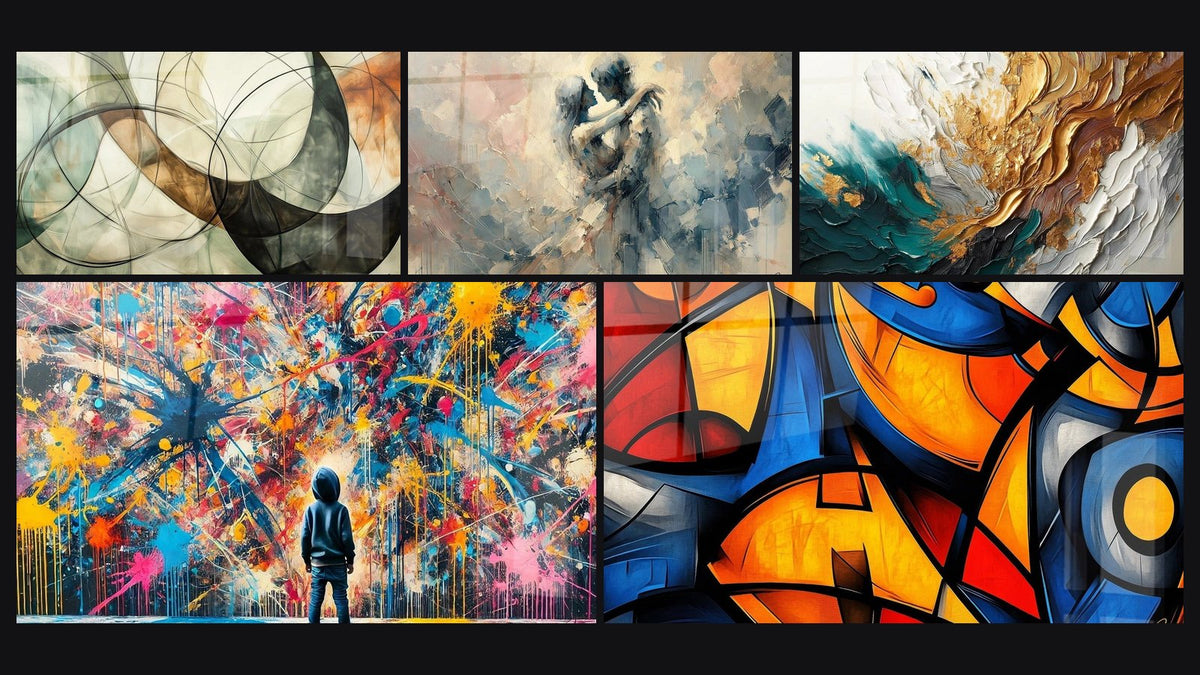 Mosaïque de cinq tableaux, dont Les Liens Invisibles, Éclats de Peinture et Entre Nous