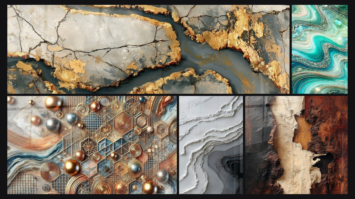Mosaico di cinque quadri, tra cui Marmo dorato con venature antracite, Mosaico di Rame e Onde Cristalline