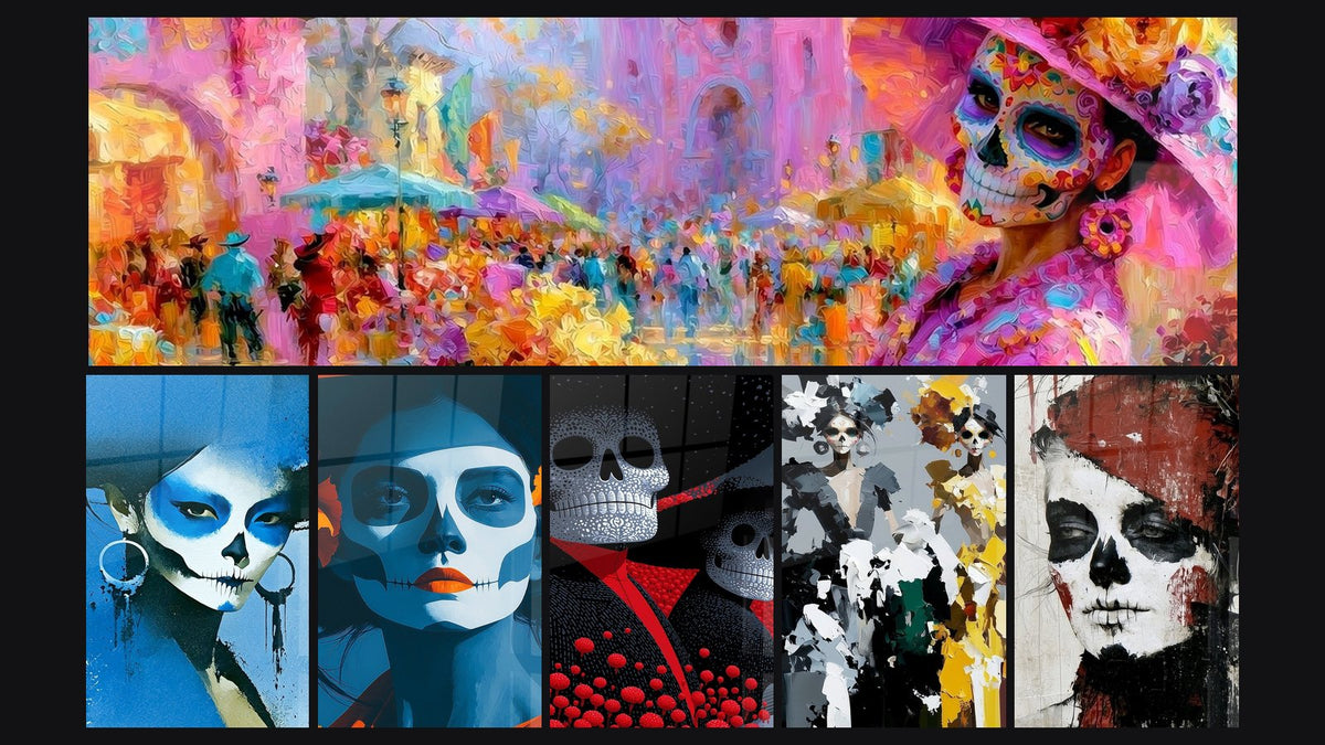 Mosaik aus sechs Gemälden, darunter Catrina rosa und gelb auf belebtem Platz und Catrinas schwarzes und safrangelbes Kleid