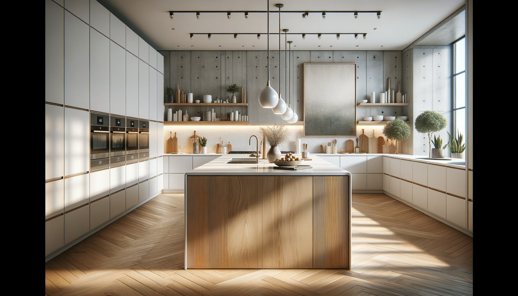 Cuisine contemporaine avec îlot central et tableau décoratif aux dimensions optimales accroché sur mur