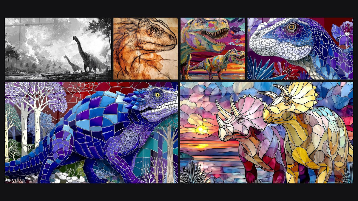 Mosaïque de six tableaux, dont Diplodocus en noir et blanc, Dinosaure préhistorique et T-Rex Coloré