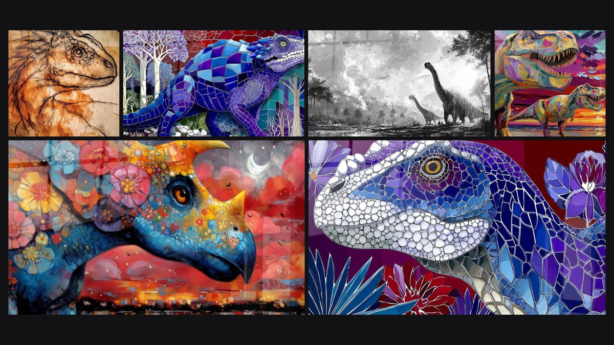 Mosaïque de six tableaux, dont Dinosaure préhistorique, Dinosaure Fantastique Fleuri et Dinosaure Mosaïque