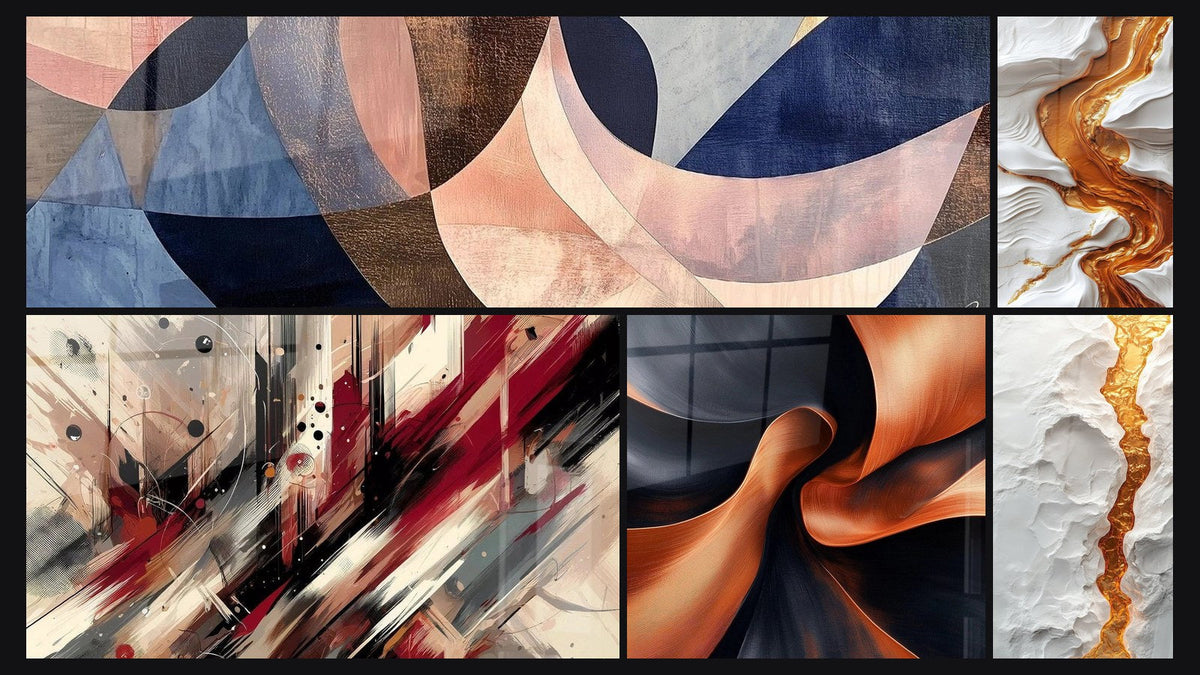 Mosaïque de cinq tableaux, dont Fusion Arcs Gracieux Terracotta, Turbulence Artistique et Élan Sculptural Cuivré