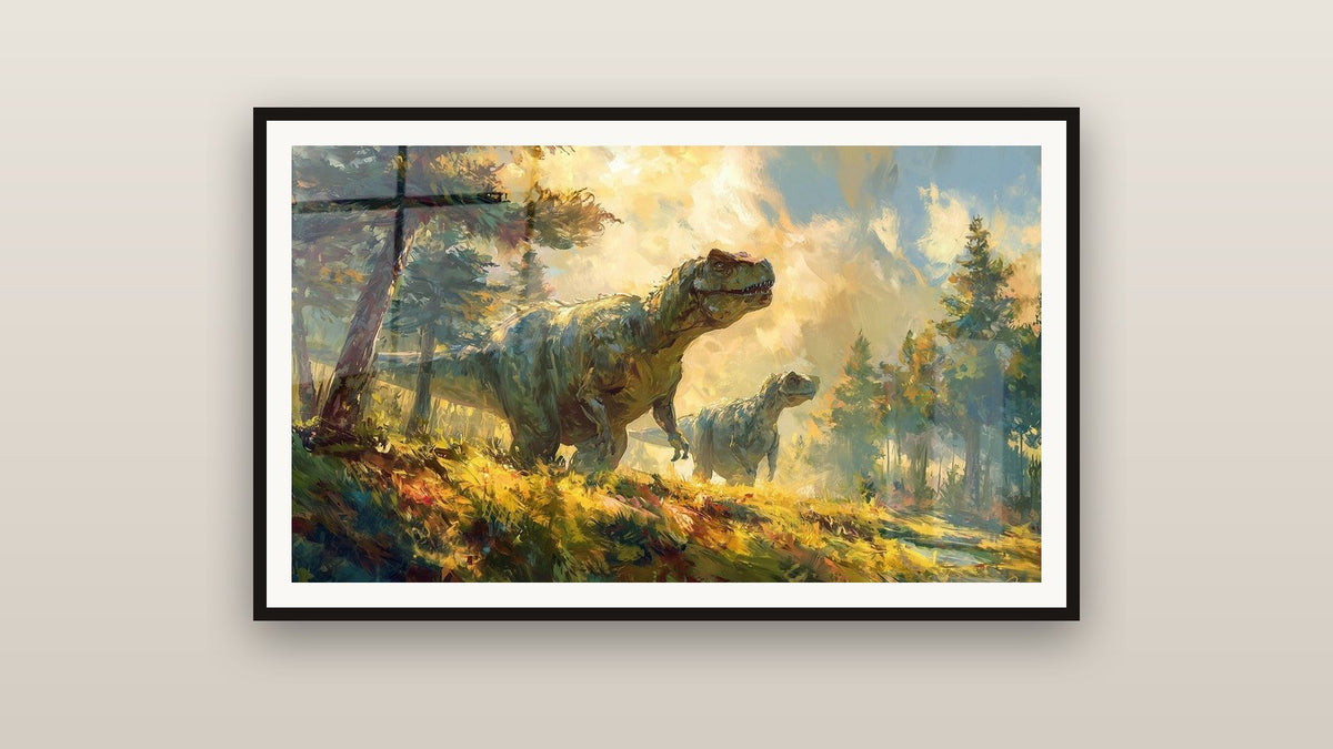 Tableau encadré sur un mur : Tyrannosaurus Rex en forêt préhistorique