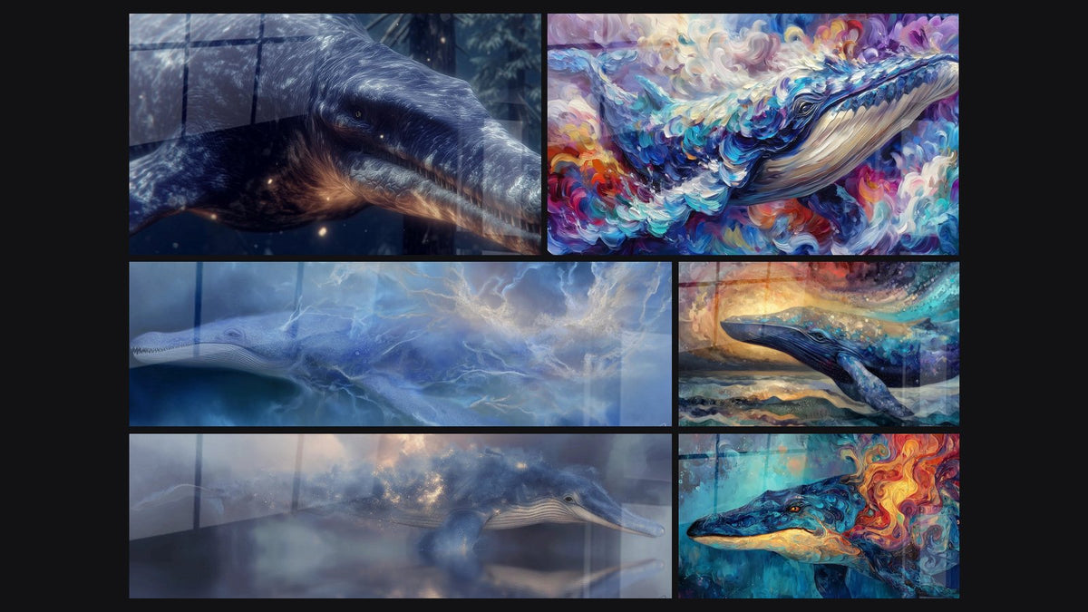 Mosaik aus sechs Gemälden, darunter Basilosaurus prähistorisch und Majestätischer Wal