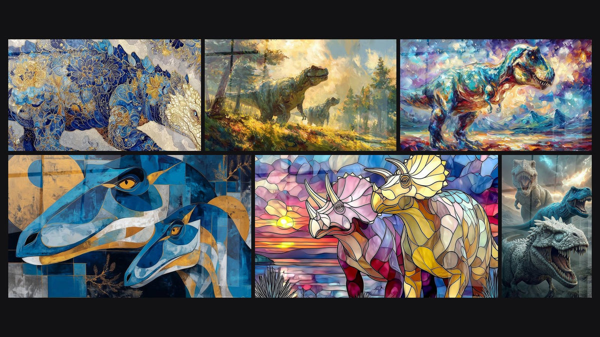 Mosaïque de six tableaux, dont Triceratops Floral, Dinosaures Abstraits et Tyrannosaurus Rex en forêt préhistorique