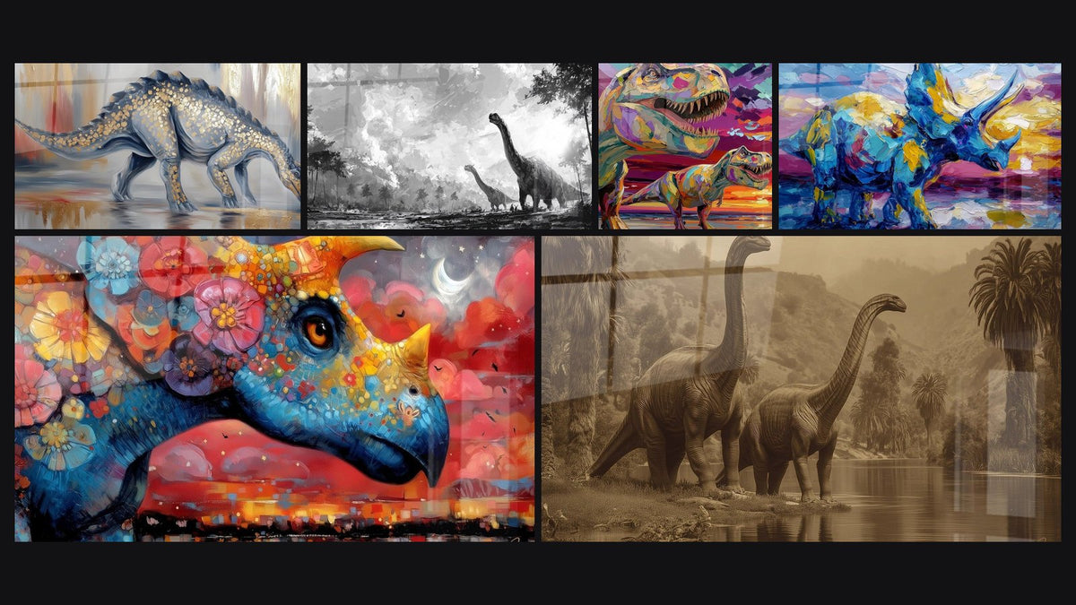 Mosaik aus sechs Gemälden, darunter Gepanzertes Dinosaurier, Dinosaurier-Sauropoden am Wassergrand und T-Rex Farbig