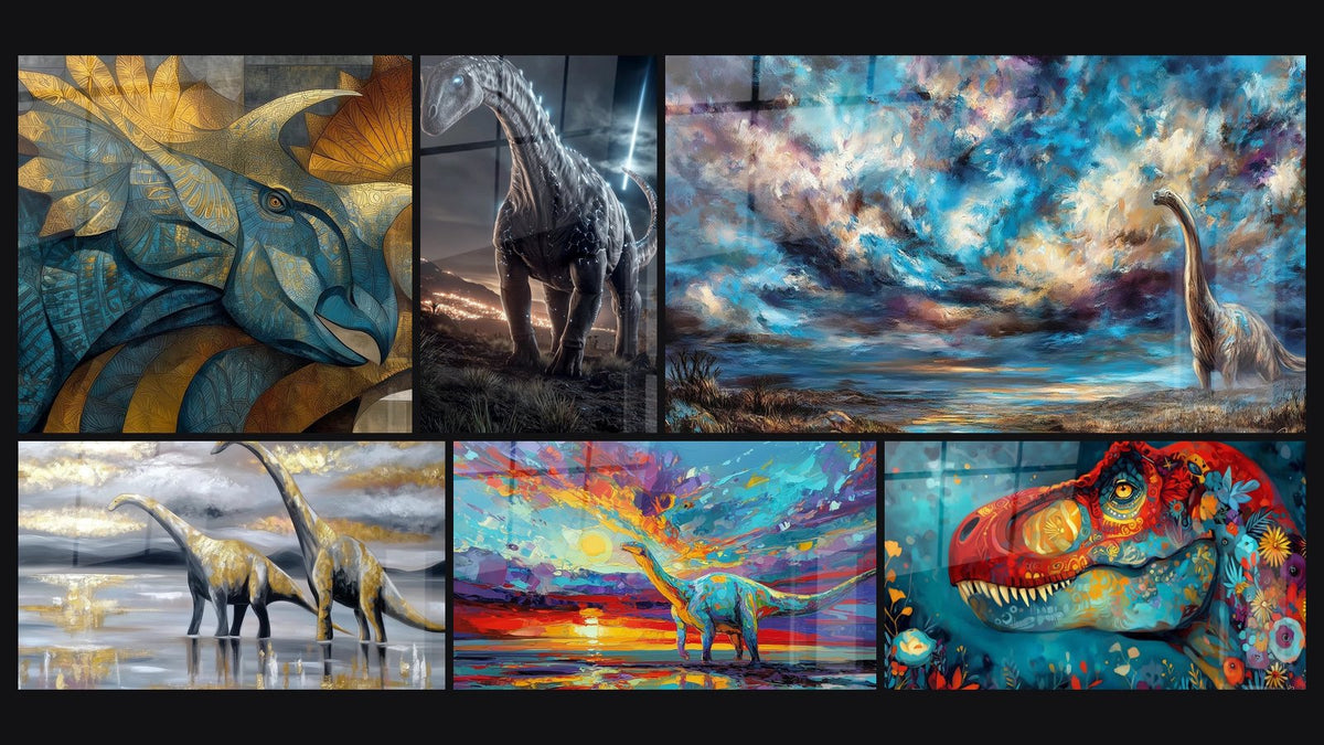 Mosaïque de six tableaux, dont Triceratops Art Abstrait, Brachiosaure futuriste et Diplodocus dorés