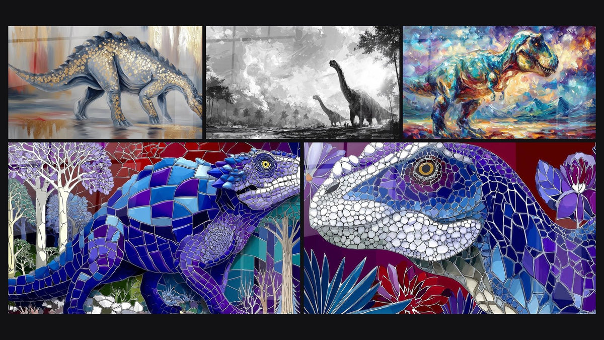 Mosaik aus fünf Gemälden, darunter Gepanzertes Dinosaurier, Dinosaurier Mosaik und Dinosaurier Scutosaurus