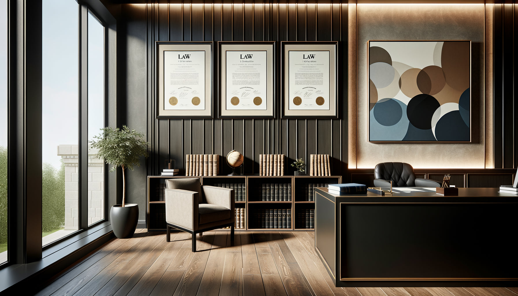 Bureau d'avocat moderne avec diplômes encadrés et tableau abstrait coordonné créant un dialogue visuel harmonieux