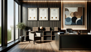 Bureau d'avocat moderne avec diplômes encadrés et tableau abstrait coordonné créant un dialogue visuel harmonieux