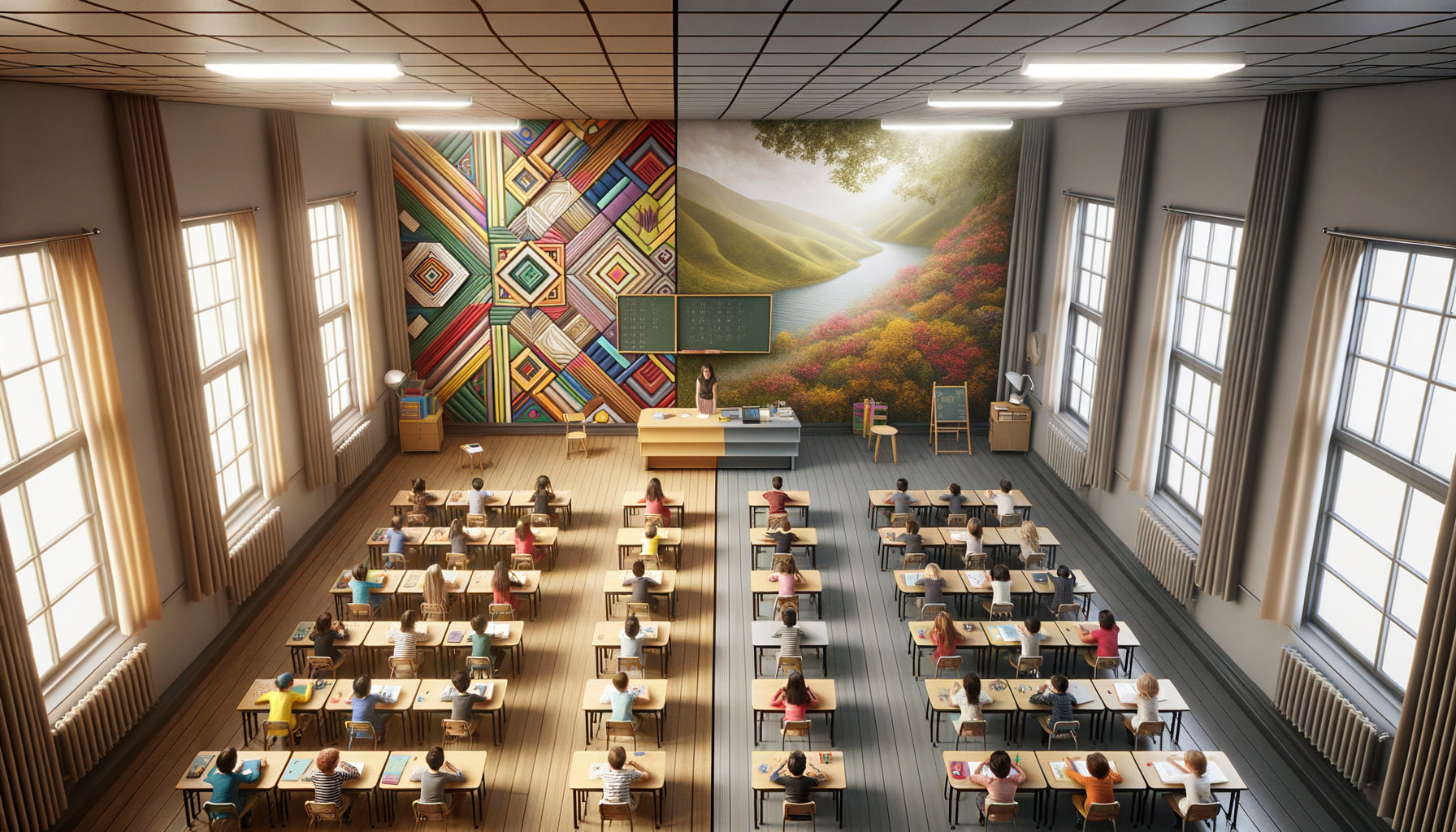 Comparaison visuelle d'une classe avec décoration distrayante versus environnement épuré favorisant la concentration scolaire