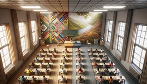 Comparaison visuelle d'une classe avec décoration distrayante versus environnement épuré favorisant la concentration scolaire