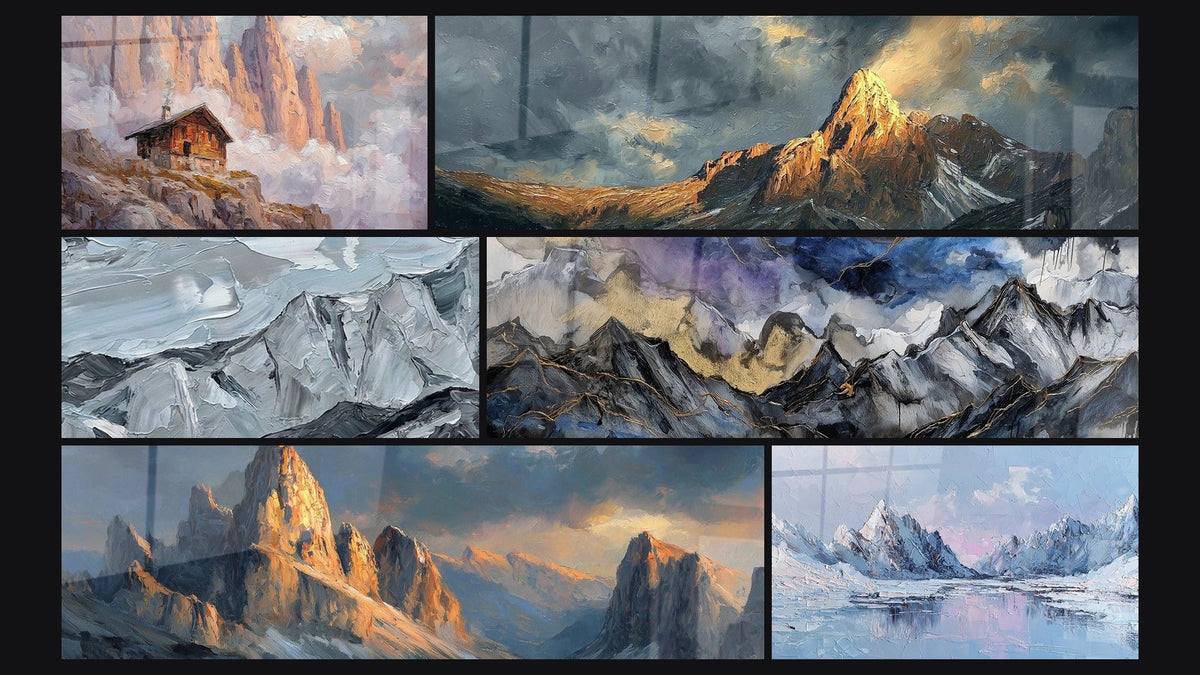 Mosaïque de six tableaux, dont Chalet de Montagne, Paysage Montagneux et Montagne Abstraite