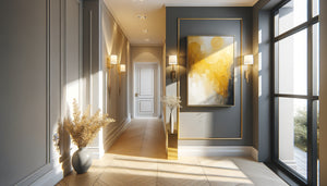 Tableau abstrait à dominante jaune illuminant un couloir d'entrée contemporain aux murs gris