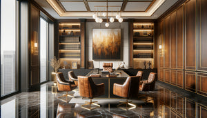 Cabinet d'avocat de luxe avec tableau abstrait aux tonalités dorées dominant l'espace professionnel raffiné