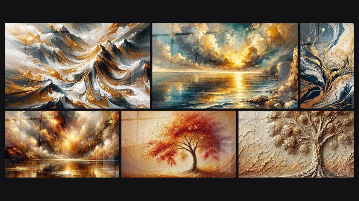 Mosaïque de six tableaux, dont Crêtes Dorées, Crépuscule Doré et Crépuscule des Éléments