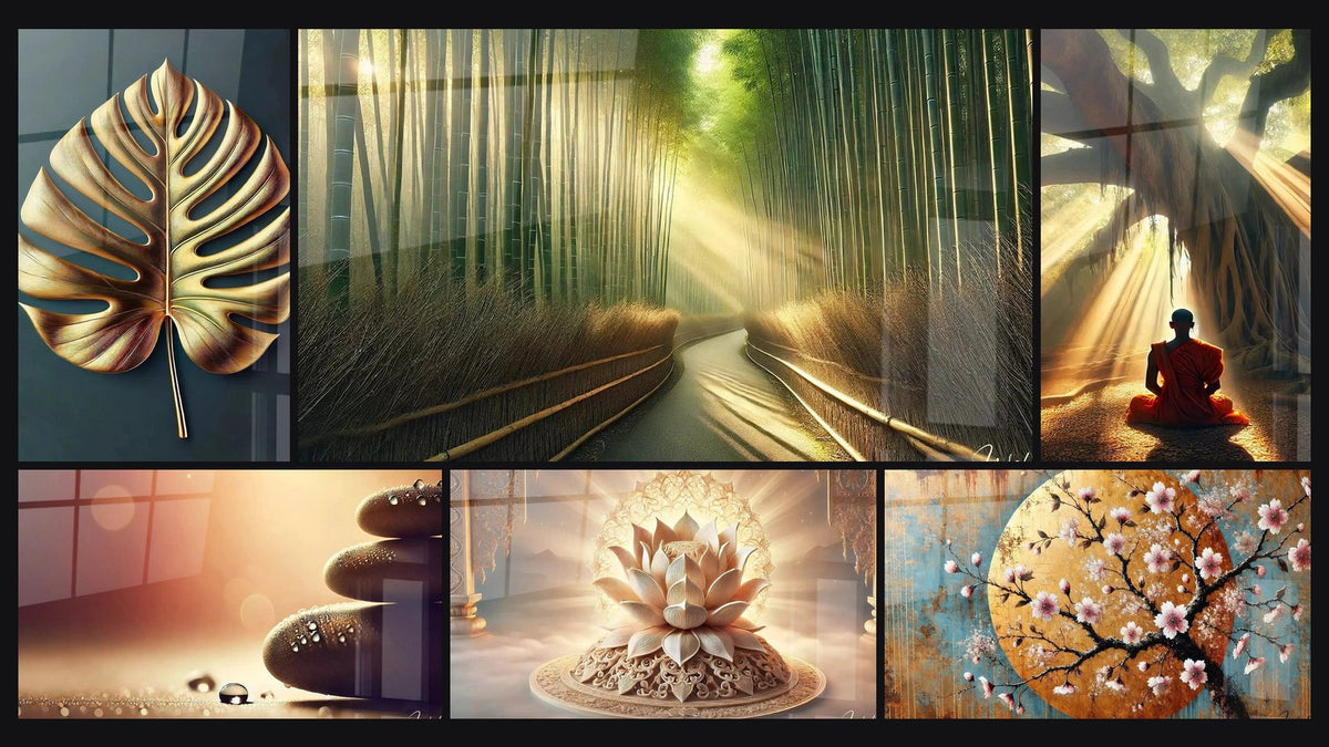 Mosaico di sei quadri, tra cui Foglia Dorata, Viale Zen e Silenzio Mattutino