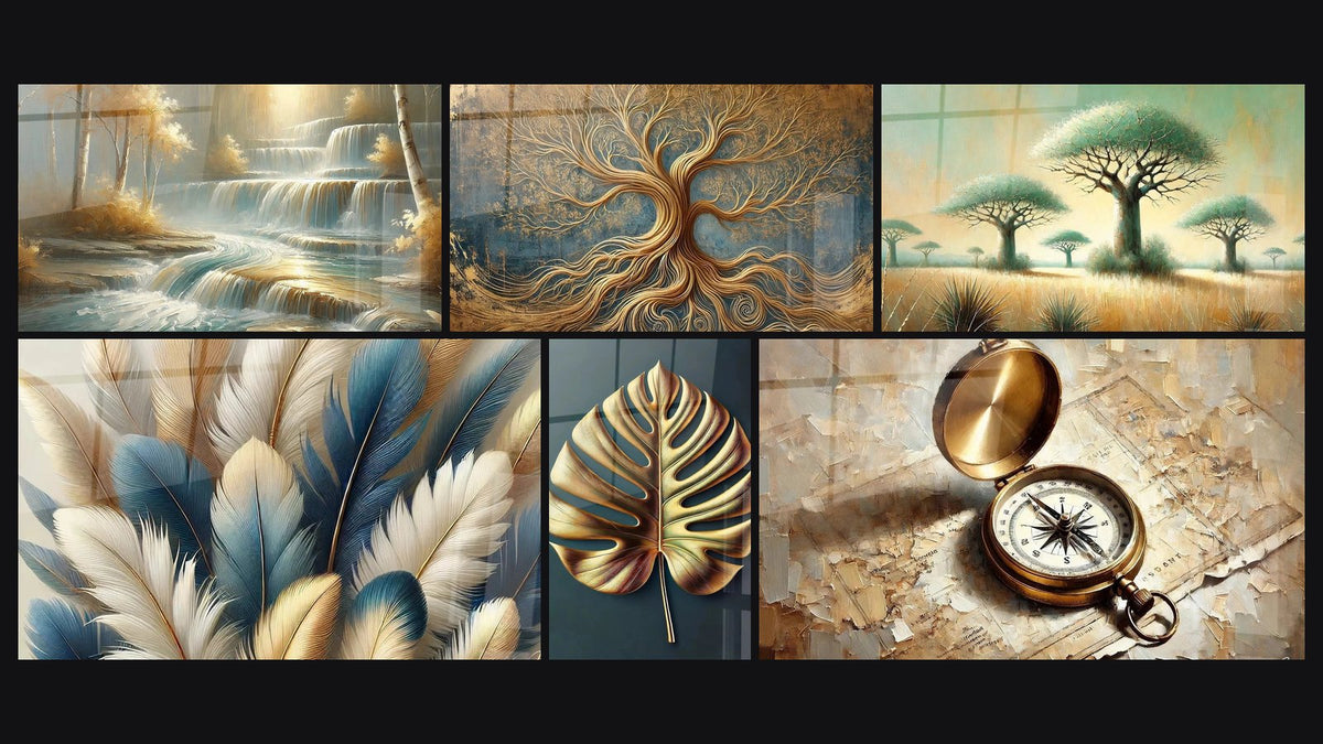 Mosaïque de six tableaux, dont Cascade Dorée, Délicatesse Dorée et Feuille Dorée