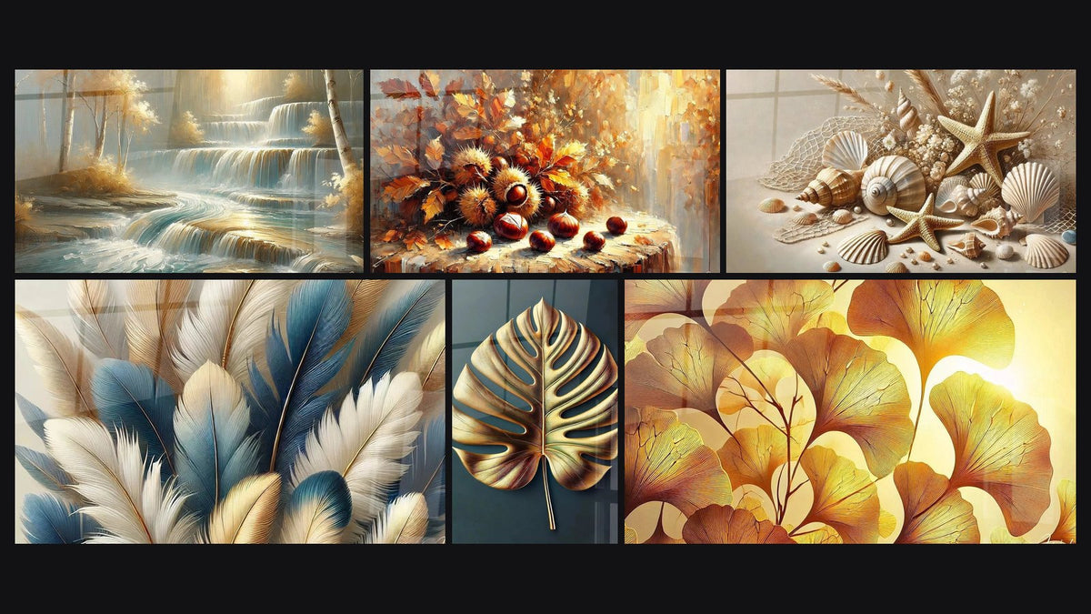 Mosaïque de six tableaux, dont Cascade Dorée, Délicatesse Dorée et Feuille Dorée