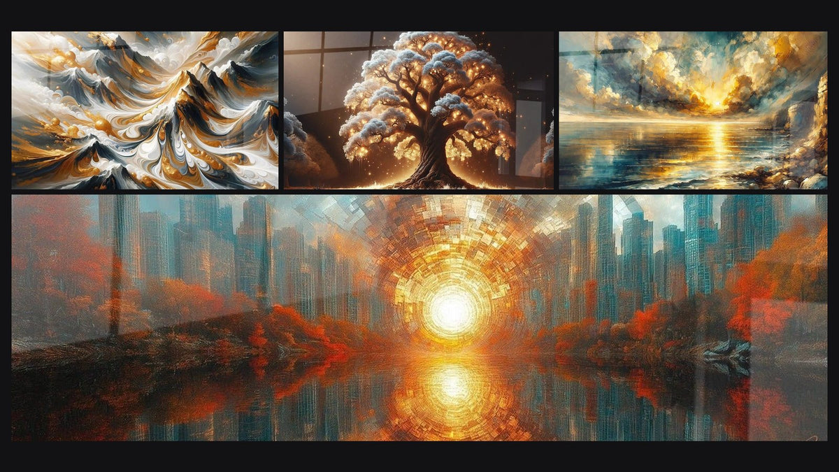 Mosaik aus vier Gemälden, darunter Goldene Grate, Baum der Nacht und Goldener Architektur-Glanz