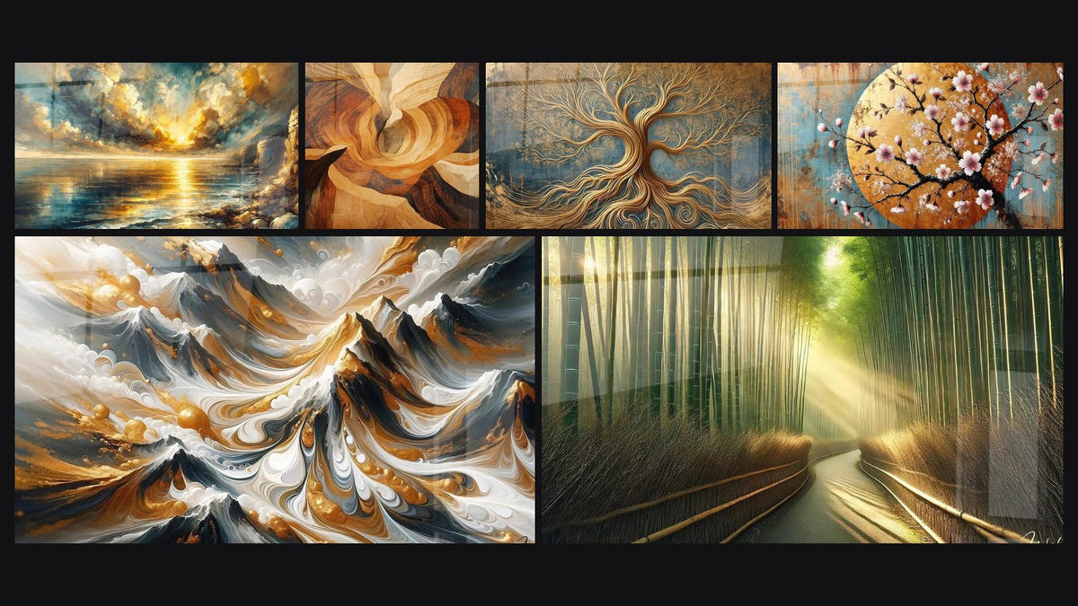 Mosaik aus sechs Gemälden, darunter Goldene Dämmerung, Goldene Grate und Zyklon Kupferkörnig