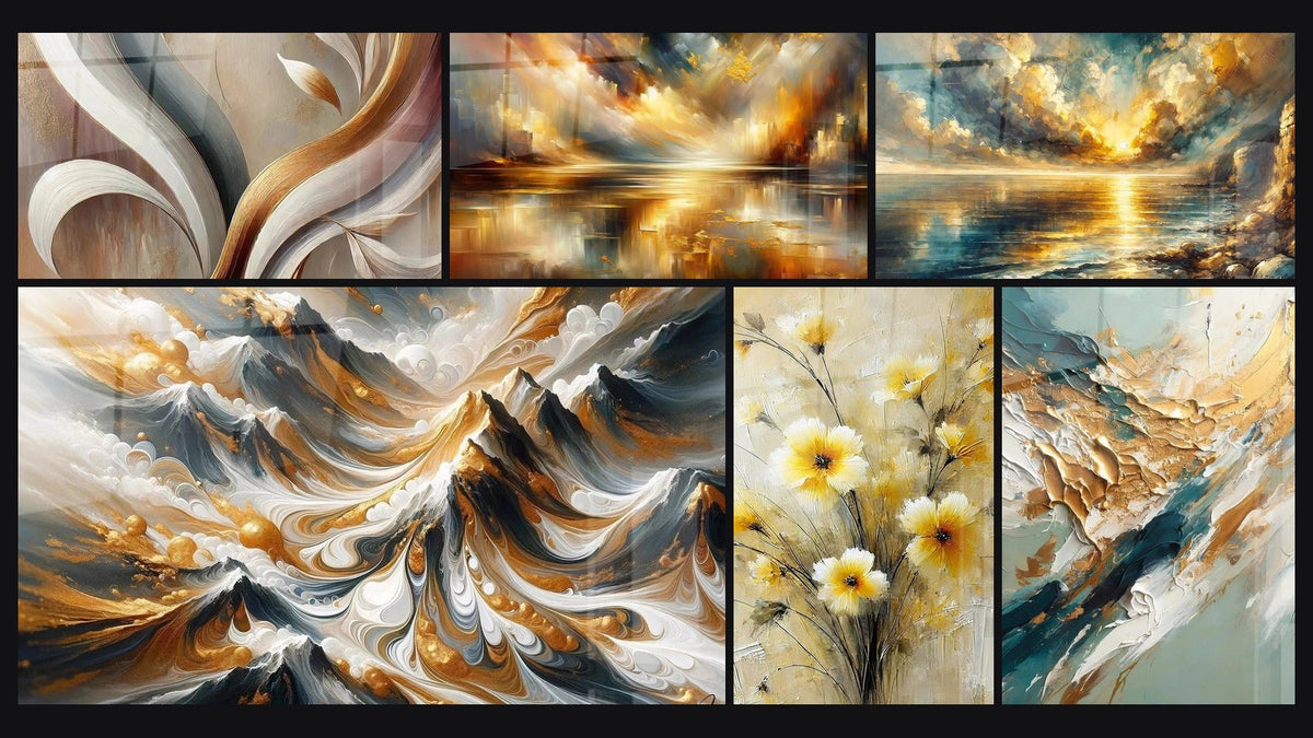 Mosaico di sei quadri, tra cui Respiro d'Oro, Città dei Riflessi Dorati e Creste Dorate