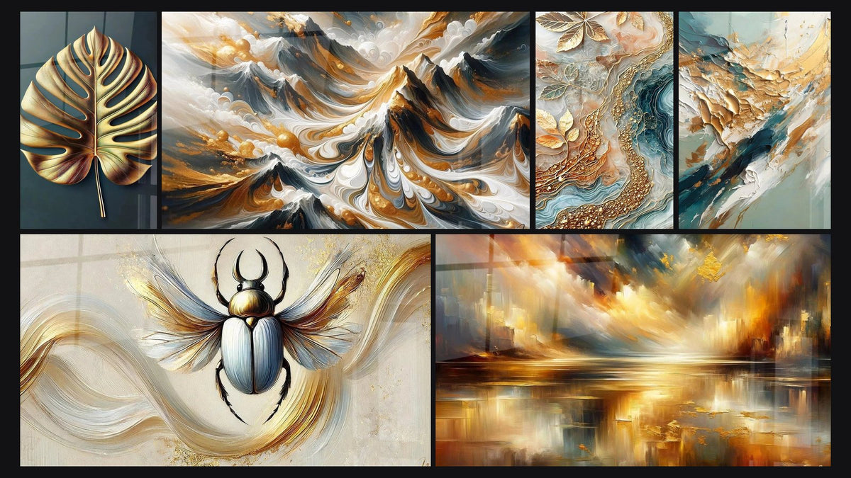 Mosaïque de six tableaux, dont Feuille Dorée, Crêtes Dorées et Le Vol Doré