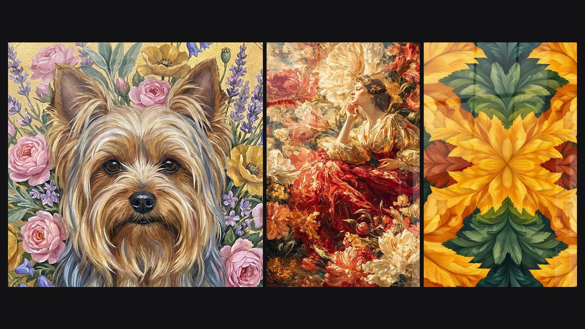 Mosaïque de trois tableaux, dont Femme Extase Florale et Kaléidoscope floral automnal