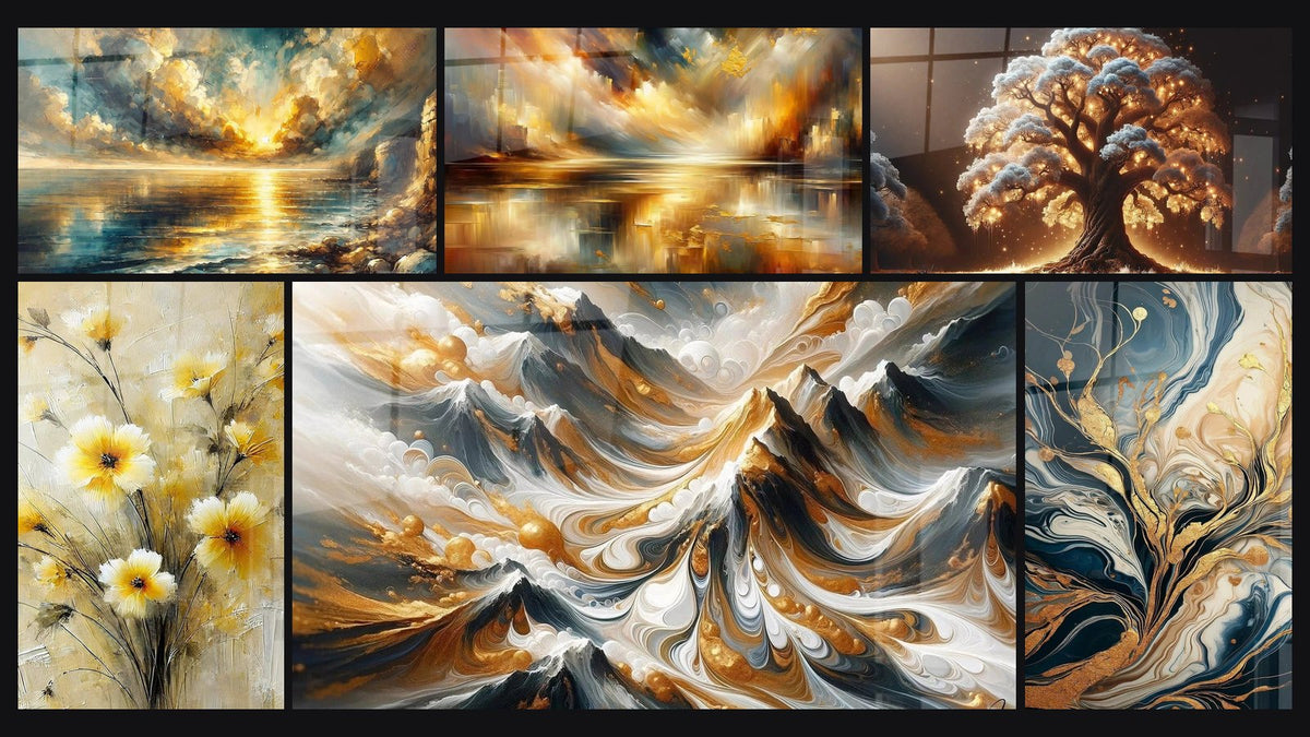 Mosaïque de six tableaux, dont Crépuscule Doré, Effleurement Doré et Cité des Reflets Dorés